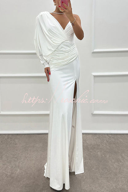 Like Venus One Shoulder Bat Sleeve Ruched Detail Slit Gown Maxi Dress
