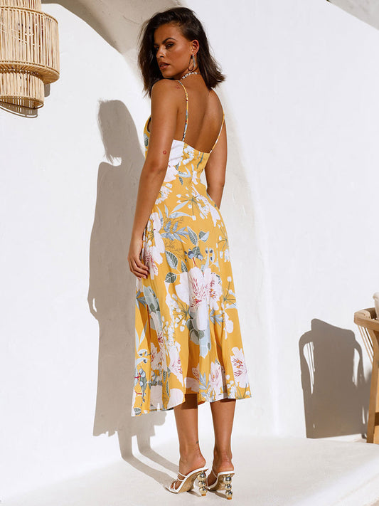 Print Midi Dresses Floral Print Spaghetti Straps Cowl Neck Sleeveless Backless Side Slit Chic Summer Dresses