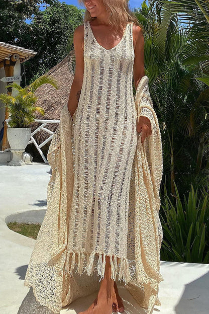 Sun Kissed Dreams Hollow Out Tassel Knit Beach Midi Dress
