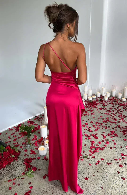 Satin One-Shoulder Ruched Bodice High Slit Column Maxi Gown