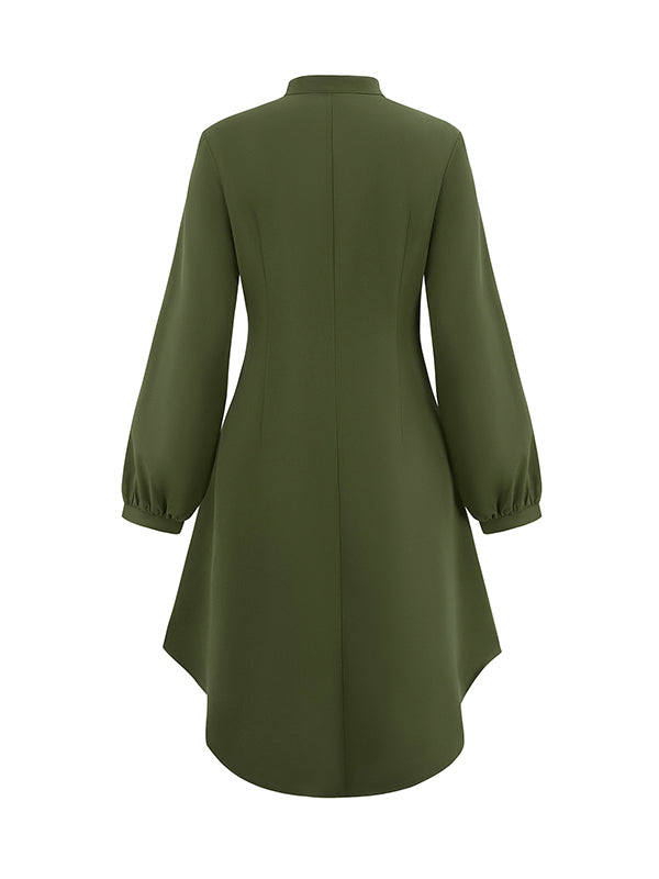 Long Sleeves Loose Buttoned No Belt Pleated Solid Color V-neck Midi Dresses Shirt Dress