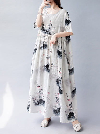 Loose Short Sleeves Pleated Printed Split-Joint Round-Neck Midi Dresses
