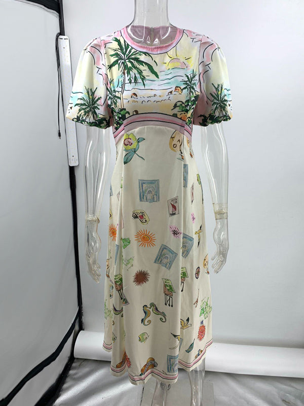 A-Line Dress Painting Puff Sleeves Round Neck Casual Summer Midi Dresses