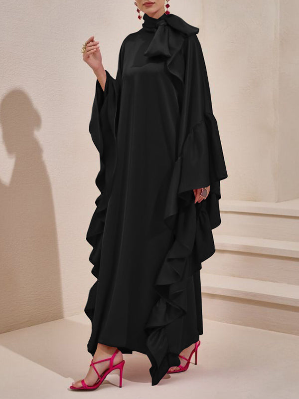 Batwing Sleeves Loose Hollow Pleated Solid Color Split-Joint High Neck Evening Dresses Maxi Dresses