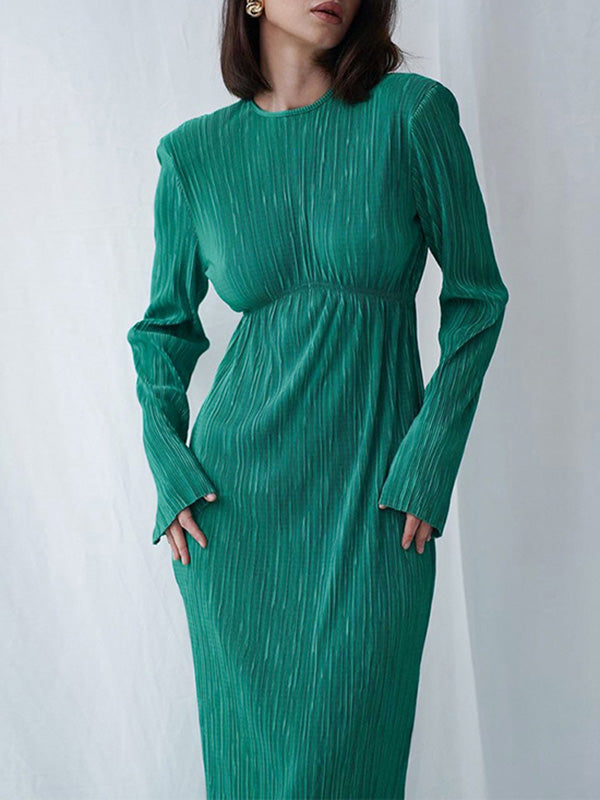 A-Line High Waisted Backless Hollow Pleated Solid Color Round-Neck Midi Dresses