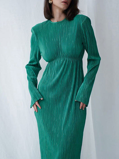 A-Line High Waisted Backless Hollow Pleated Solid Color Round-Neck Midi Dresses