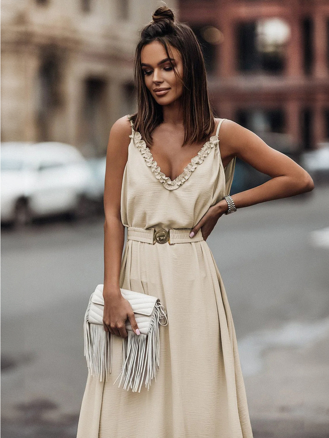 Boho Dress Ruffles V-Neck Belted Sleeveless Summer Casual Maxi Dresses