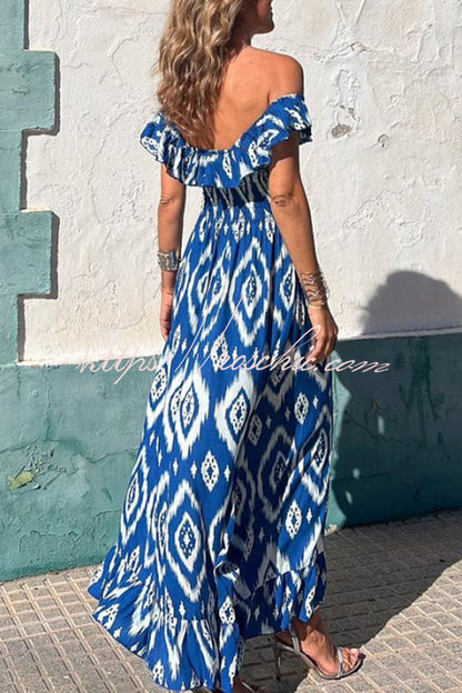 Coastal Canvas Ethnic Print Smocked Bust Ruffle Neck Maxi Dress