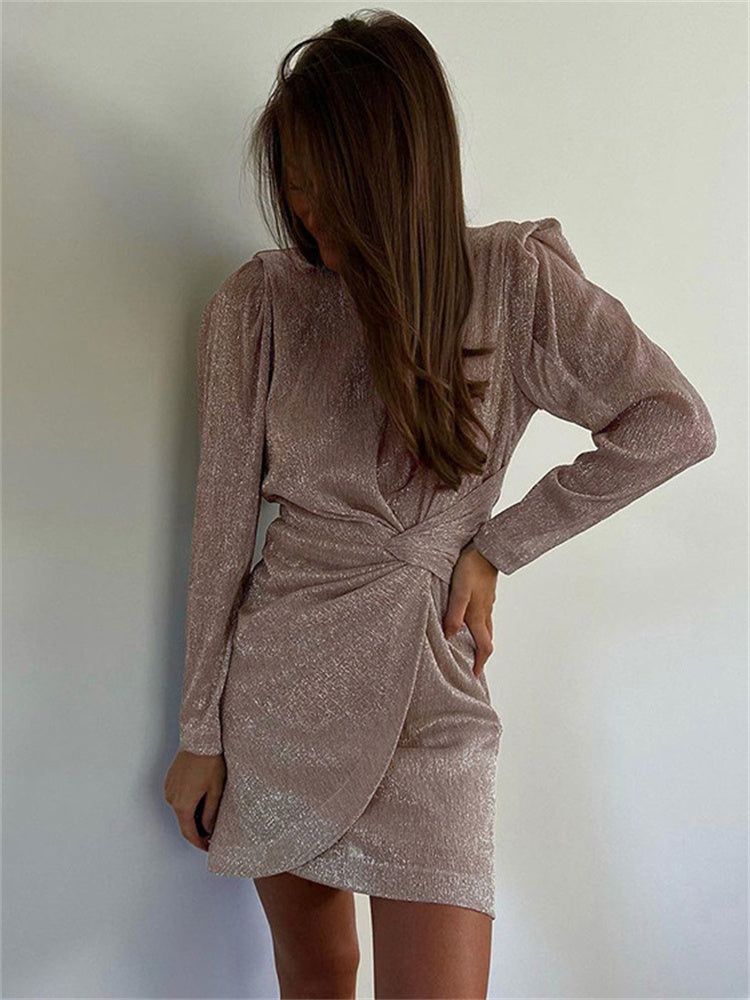 Tossy Twist Elegant Fashion Mini Dress Female Pleated Summer Long Sleeve Patchwork Solid Zipper Glitter Women Sexy Dress 2024 – Stylish Pleated Summer Mini Dress
