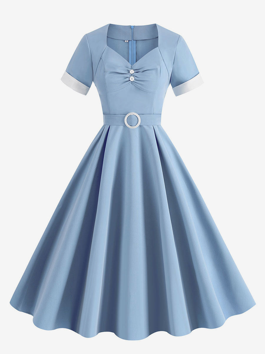 Dress Designed Neckline Short Sleeves Ring Detail Retro Midi Dress