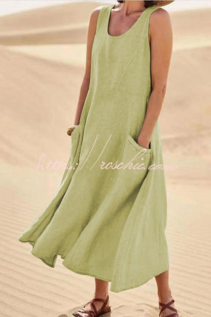 Solid Sleeveless Pocket Loose Comfort Midi Dress