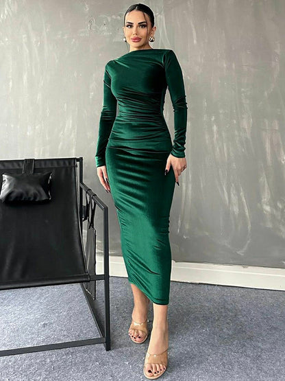 Velvet Dress Black Pleated Dating Long Sleeves Jewel Neck Summer Maxi Dresses