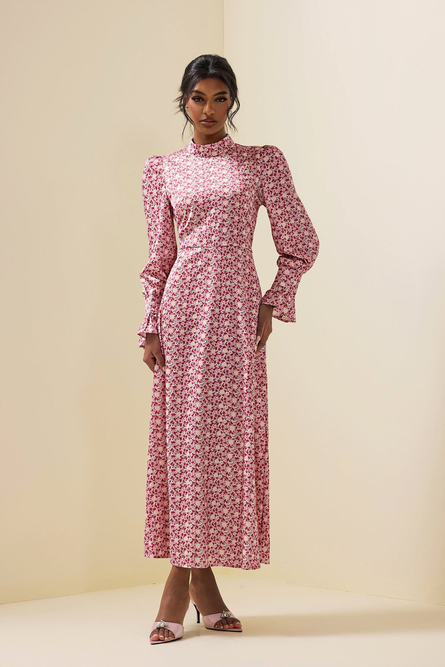 Floral Lace Up Long Sleeve Midi Dress