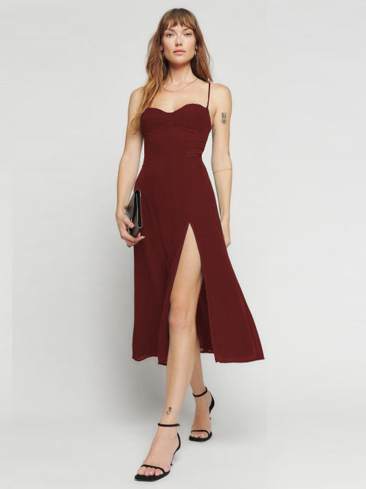Summer Midi Dress Green Straps Neck Split Front Beach Dress