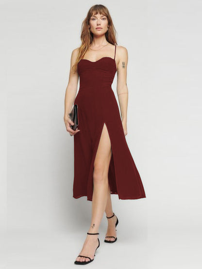 Summer Midi Dress Green Straps Neck Split Front Beach Dress
