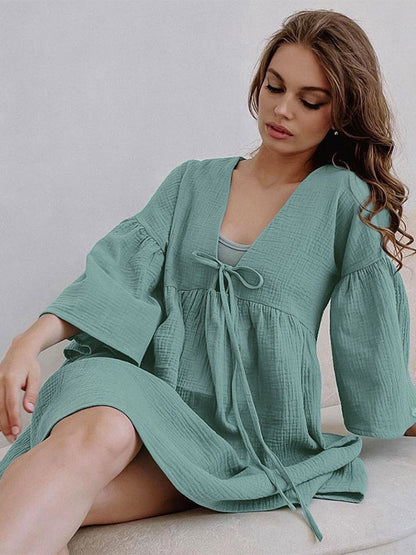 Boho Dress V-Neck Ruffles Sleeves Belted Summer Beach Mini Dresses
