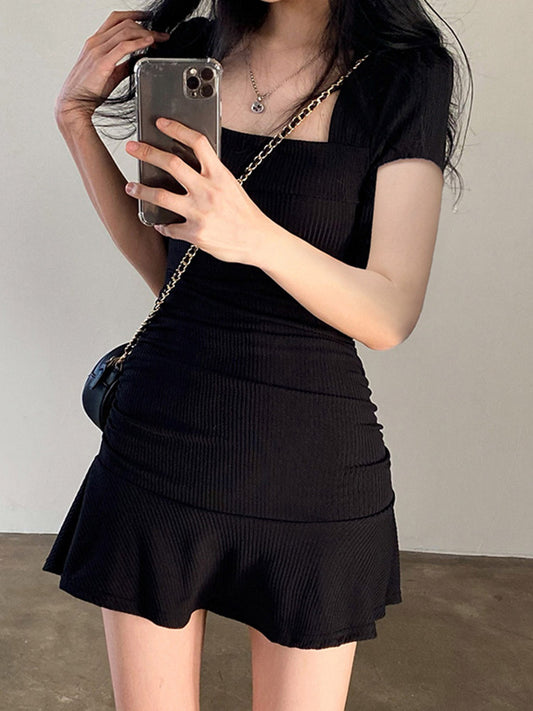 Solid Ribbed Square Collar Dress Casual Black Short Sleeve Ruffles Patchwork Mini Dresses for Women Korean Fashion Style