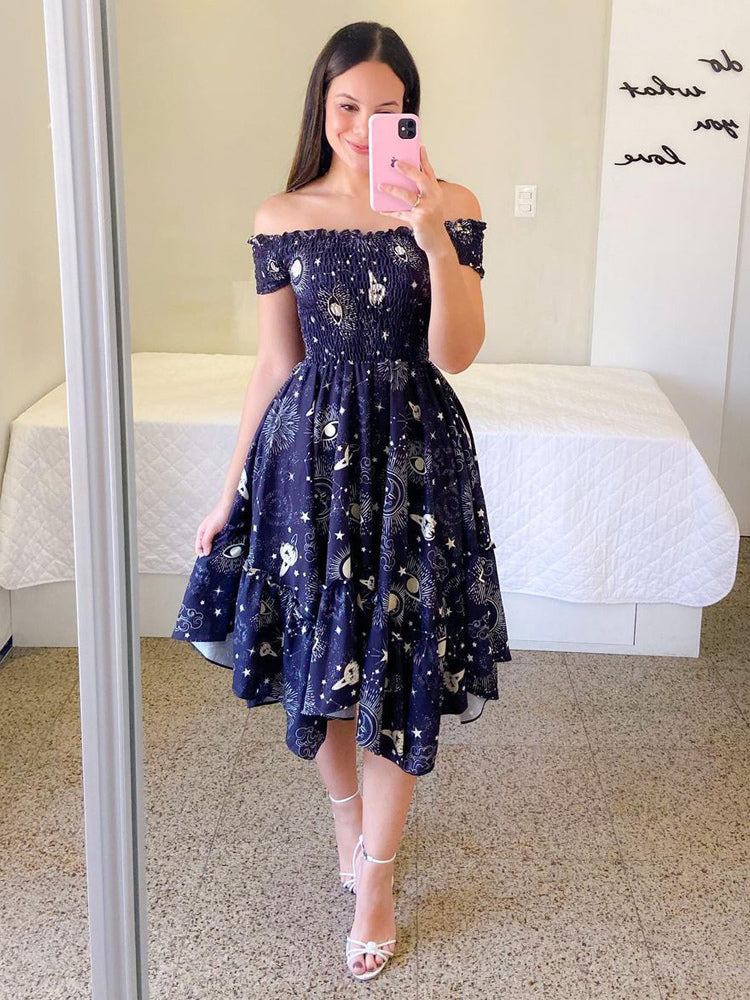 Handkerchief Dress Smocked Floral Off The Shouder Summer Midi Dresses