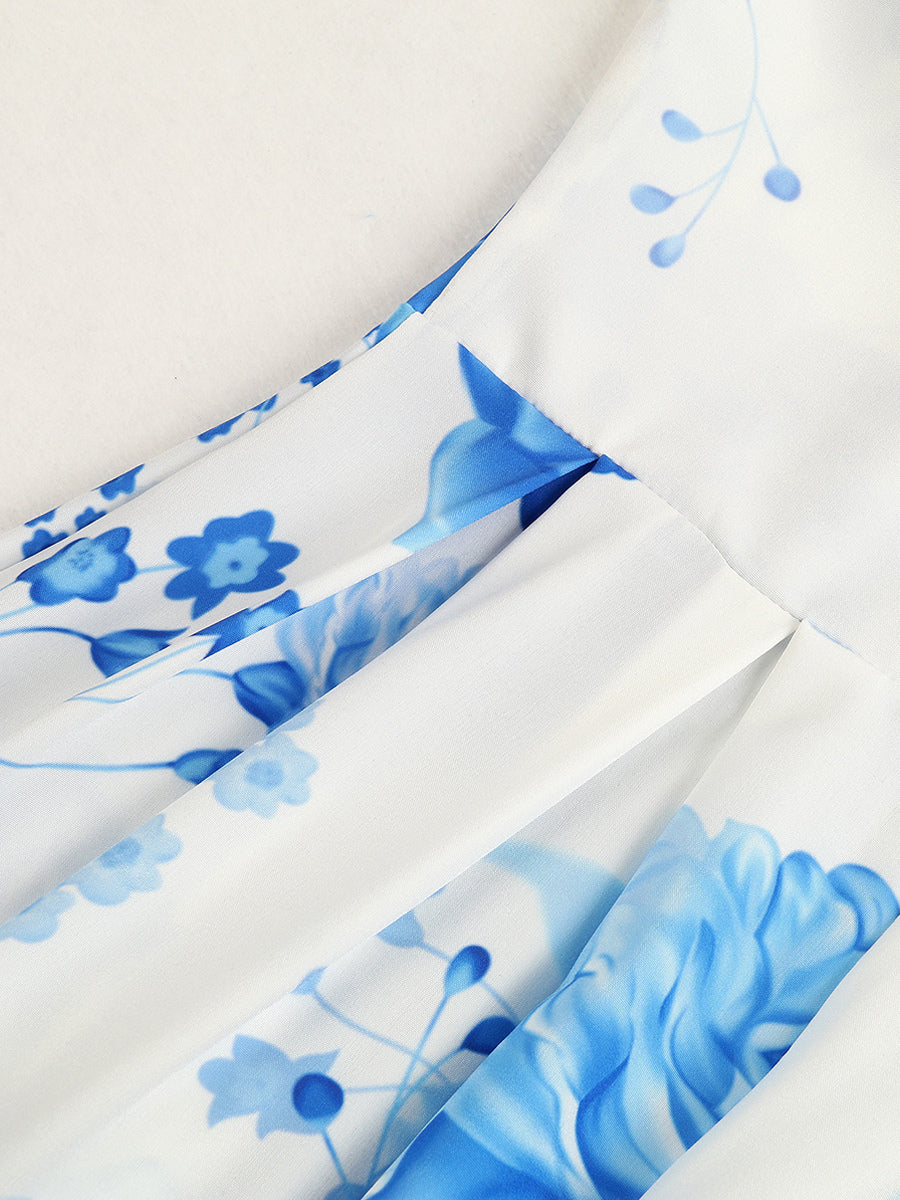 Ombre Floral Dress Spaghetti Straps High Slit Tiered Casual Summer Maxi Dresses
