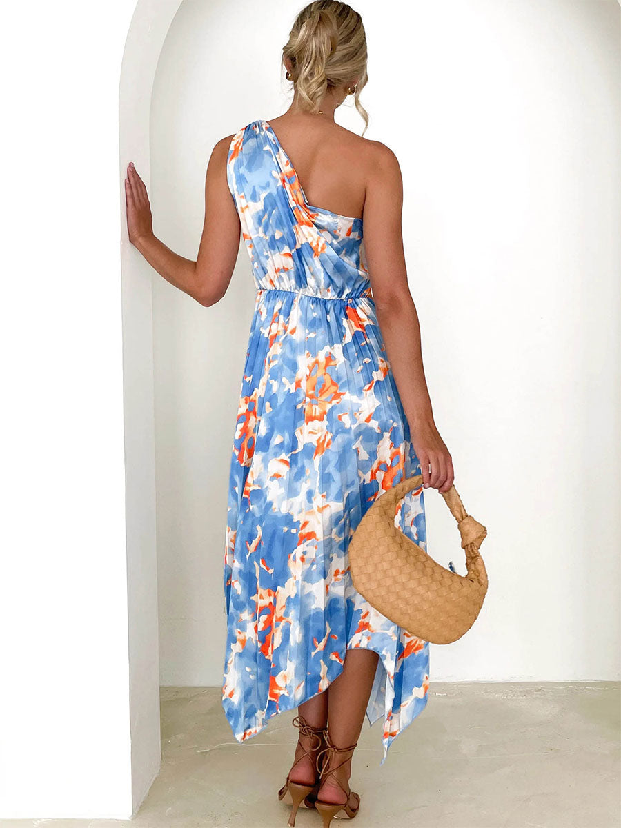 Summer Midi Dress Light Sky Blue Asymmetrical Neck Pleated Printed Spandex Beach Dress