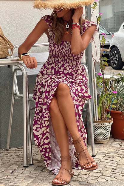 rose leopard ruffle straps maxi dress
