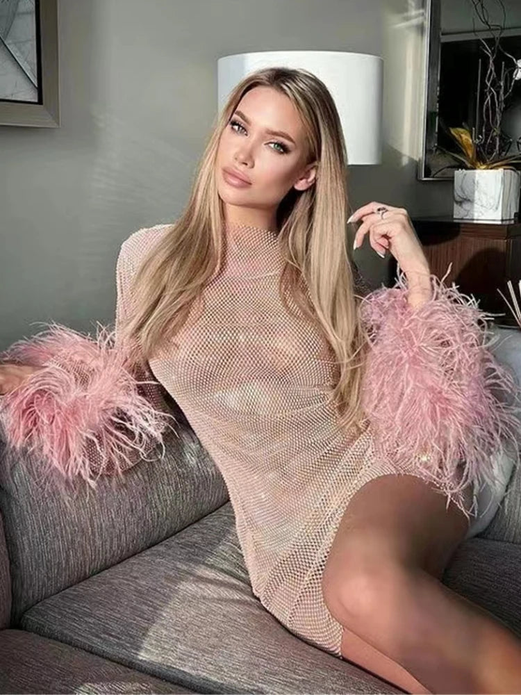 TARUXY Weave Shiny Rhinestone Mini Dress Women Fashion Sexy See Through Cover-up Dresses Casual Loose Club Luxury Dress Ladies