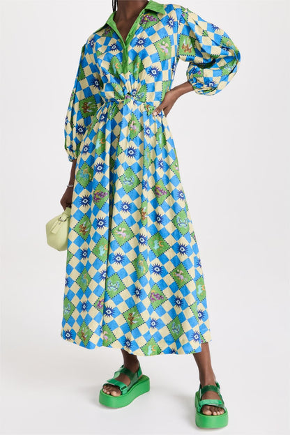 Geometric Patterns Puff Sleeve Cut-Out Midi Dress