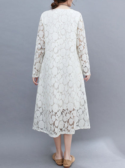 A-Line Long Sleeves Hollow Round-Neck Midi Dresses