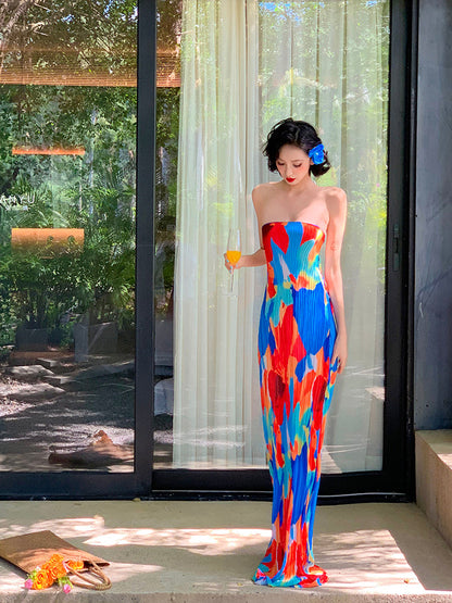 Colorful Floral Strapless Ruched Maxi Dress – Summer Statement Piece