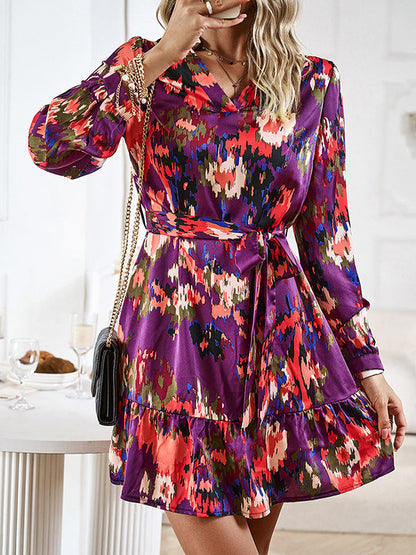 Long Sleeves Loose Printed Split-Joint Tied Waist V-Neck Mini Dresses