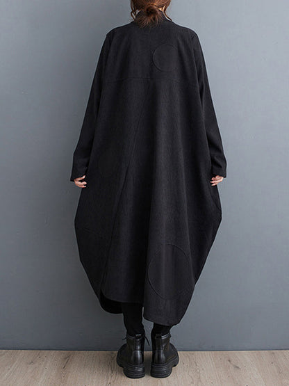 Long Sleeves Loose Asymmetric Pleated Polka-Dot Split-Joint Zipper High-neck Midi Dresses Outerwear