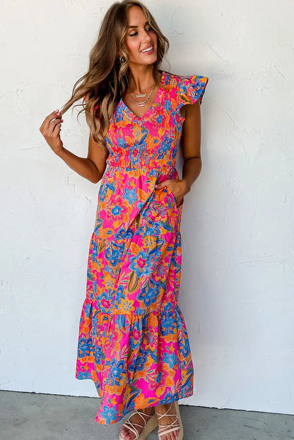 boho floral ruffle maxi dress rose red