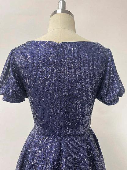 Dark Navy Mini Dress U-Neck Sequins Short Sleeves Birthday Party Dresses
