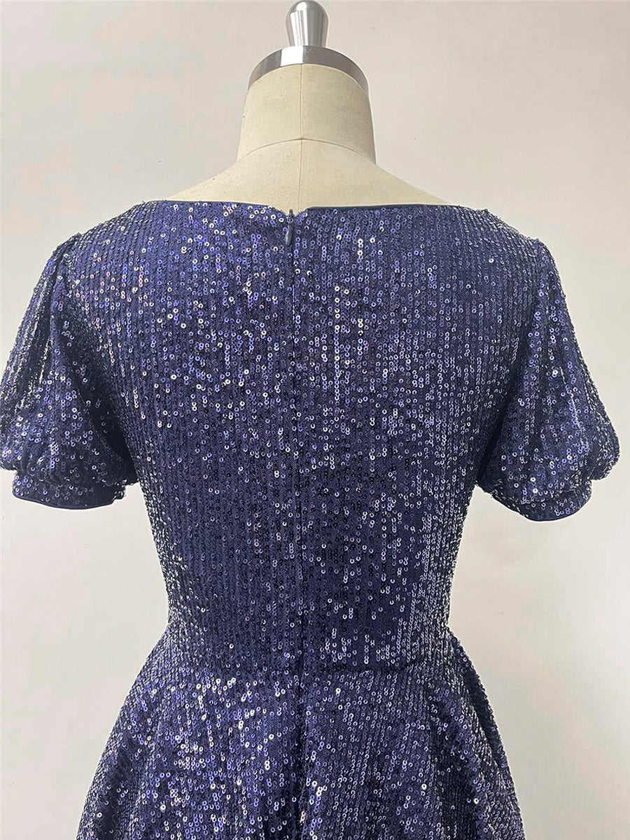 Dark Navy Mini Dress U-Neck Sequins Short Sleeves Birthday Party Dresses