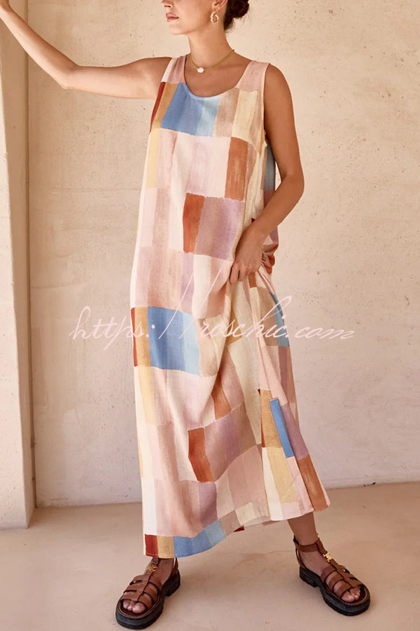 Geometric Print Wide Strap Slit Casual Resort Maxi Dress