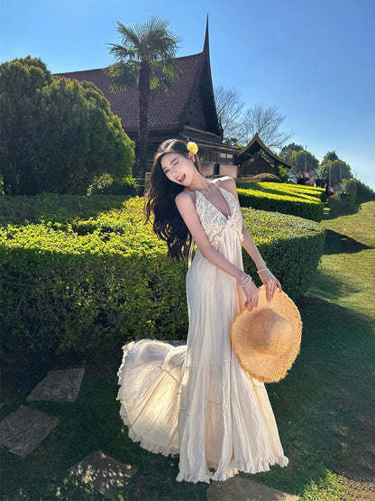 French Halter V-Neck Backless Maxi Dress – Elegant Beach Vacation Sundress