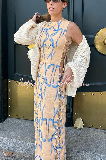 Glimmer of Hope Linen Blend Unique Print Side Hollow Ring Design Maxi Dress