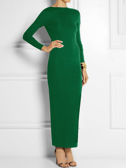 Long Sleeves Skinny Solid Color Split-Side Maxi Dresses