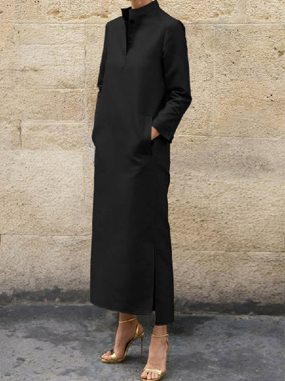 Long Sleeves Loose Solid Color Split-Side Stand Collar Midi Dresses