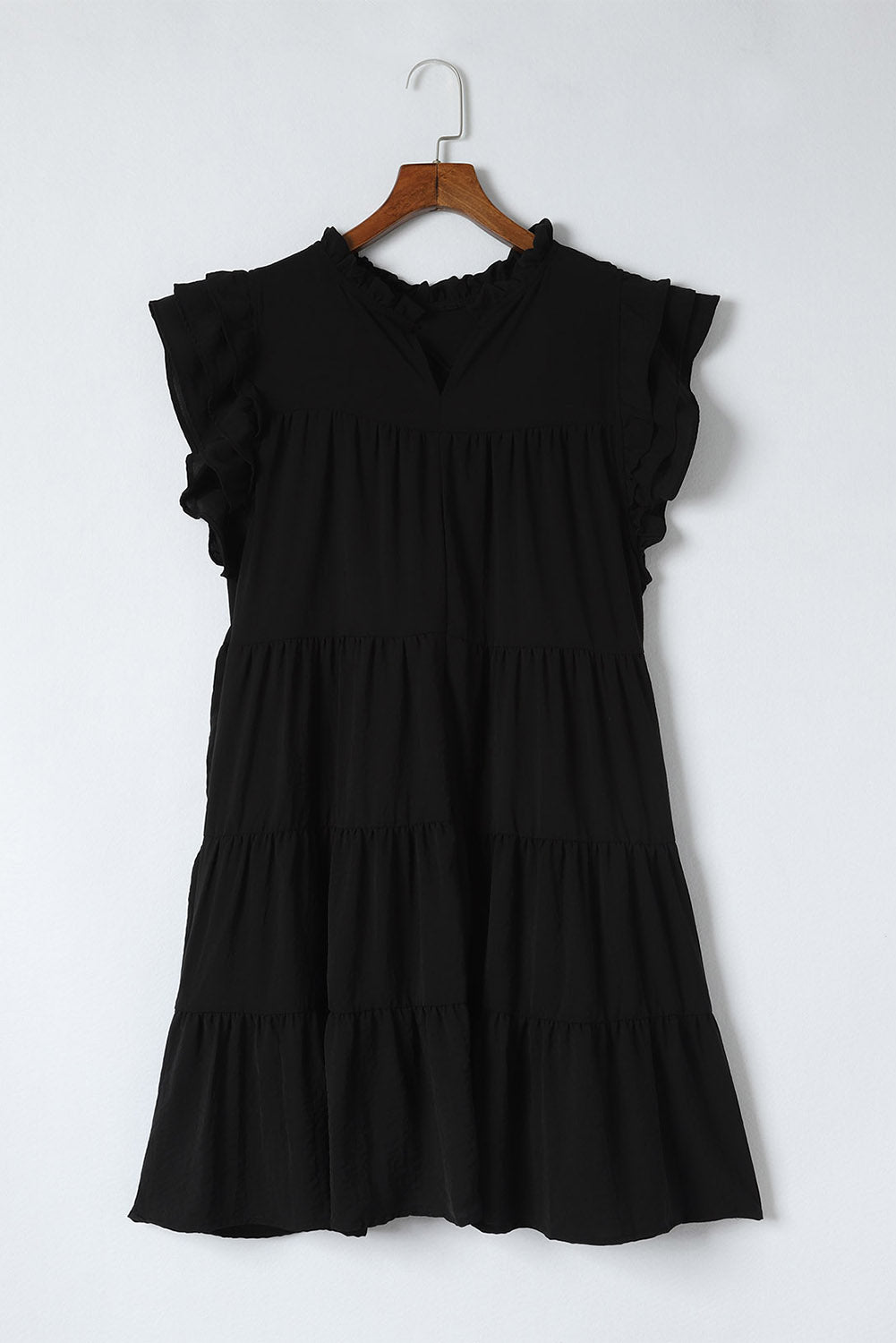 Black Ruffle Flutter Sleeve Pleated Tiered Mini Dress