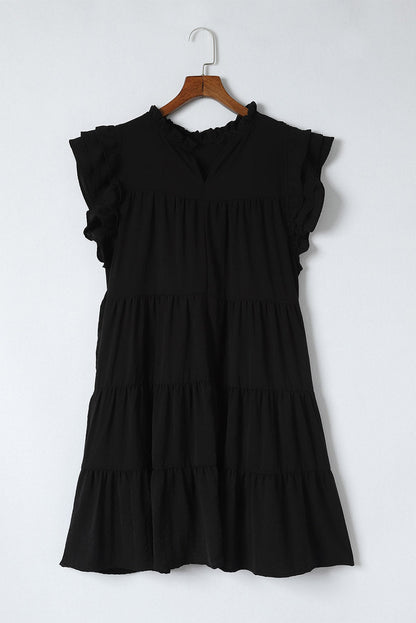 Black Ruffle Flutter Sleeve Pleated Tiered Mini Dress