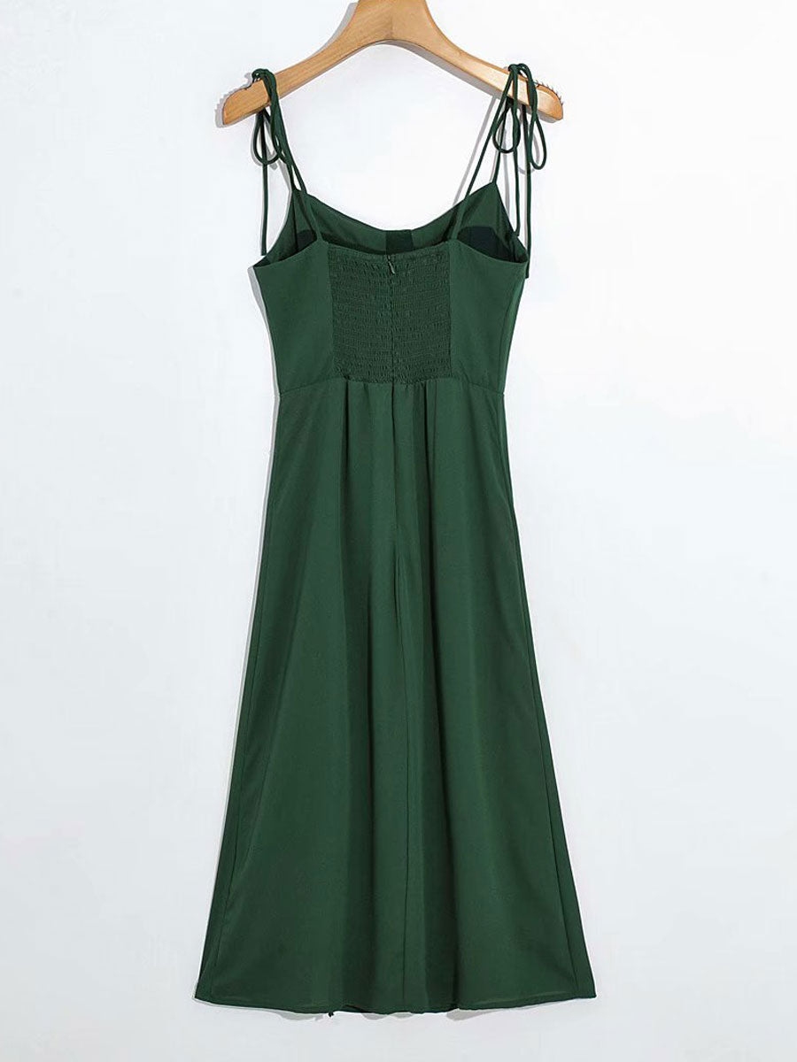 Summer Midi Dress Green Straps Neck Split Front Beach Dress