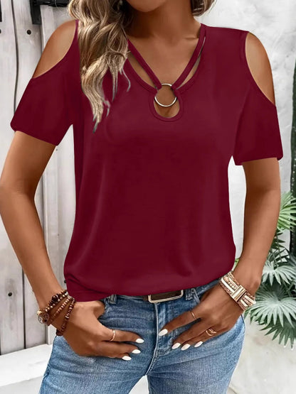 Hollowed-out Cross Off-shoulder V-neck Short Sleeve T-shirts