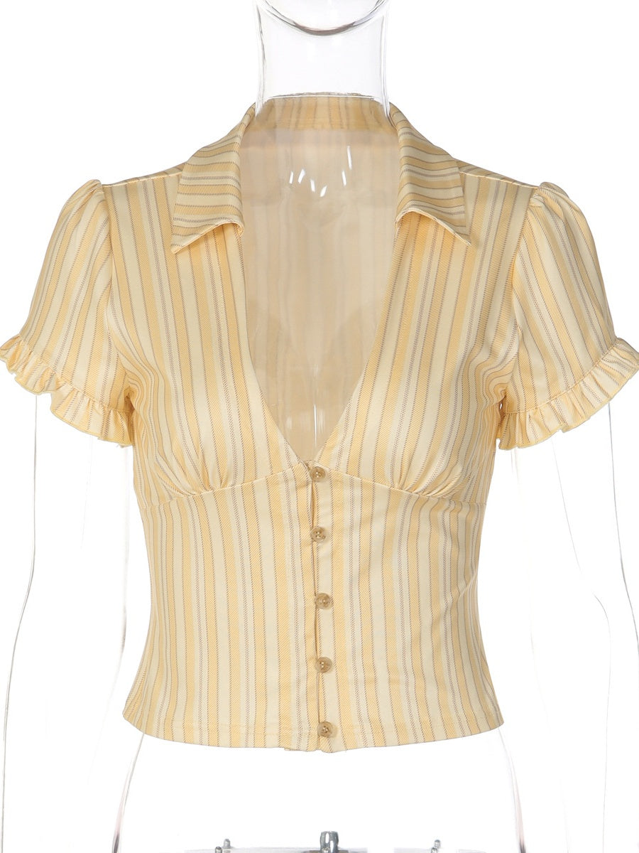 Retro Buttons Stripes Sexy Shirts