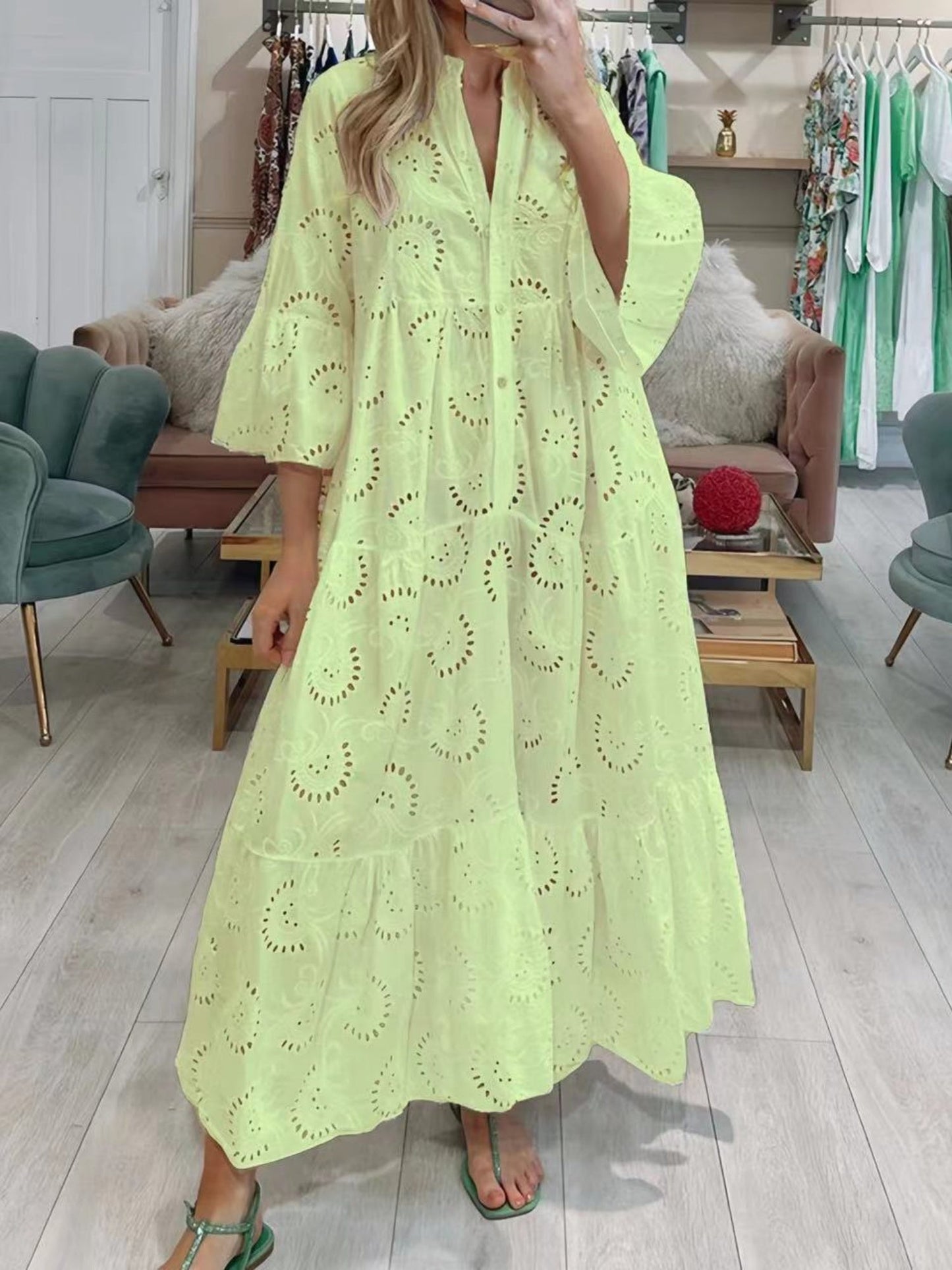 Lace Cutout V-neck Buttons  Flare Sleeve Maxi Dresses