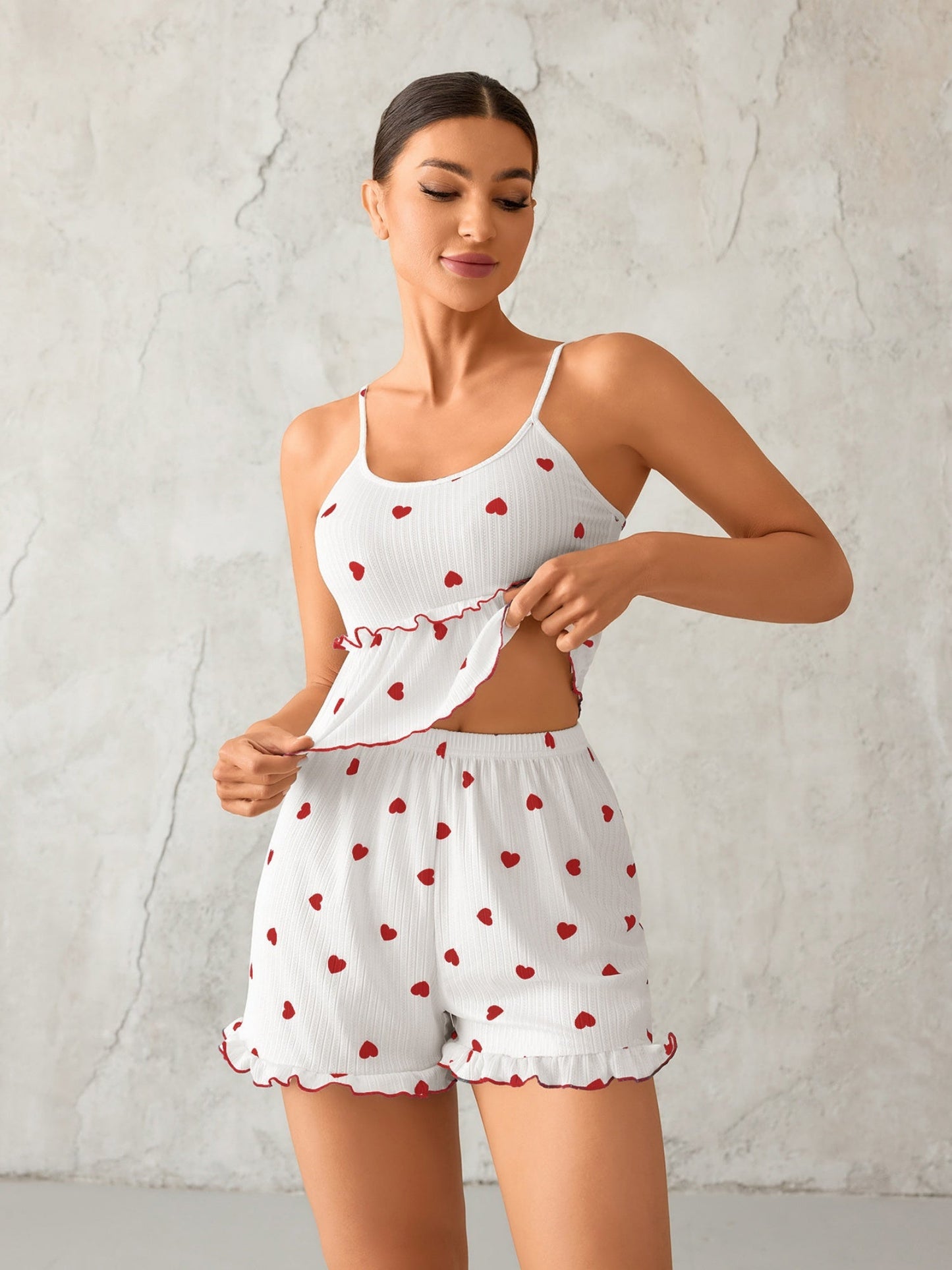 Heart-shaped Ruffles Tank Top And Shorts Loungewear 2-piece Sets