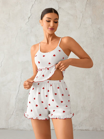 Heart-shaped Ruffles Tank Top And Shorts Loungewear 2-piece Sets