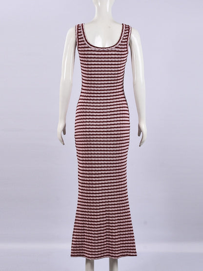 Striped Color Blocking Asymmetrical Neckline And Sleeveless Maxi Dresses