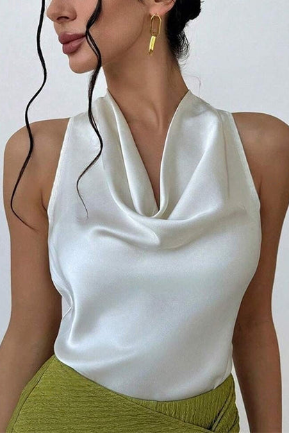 Margovil Cowl Neck Sleeveless Bow Back Satin Top
