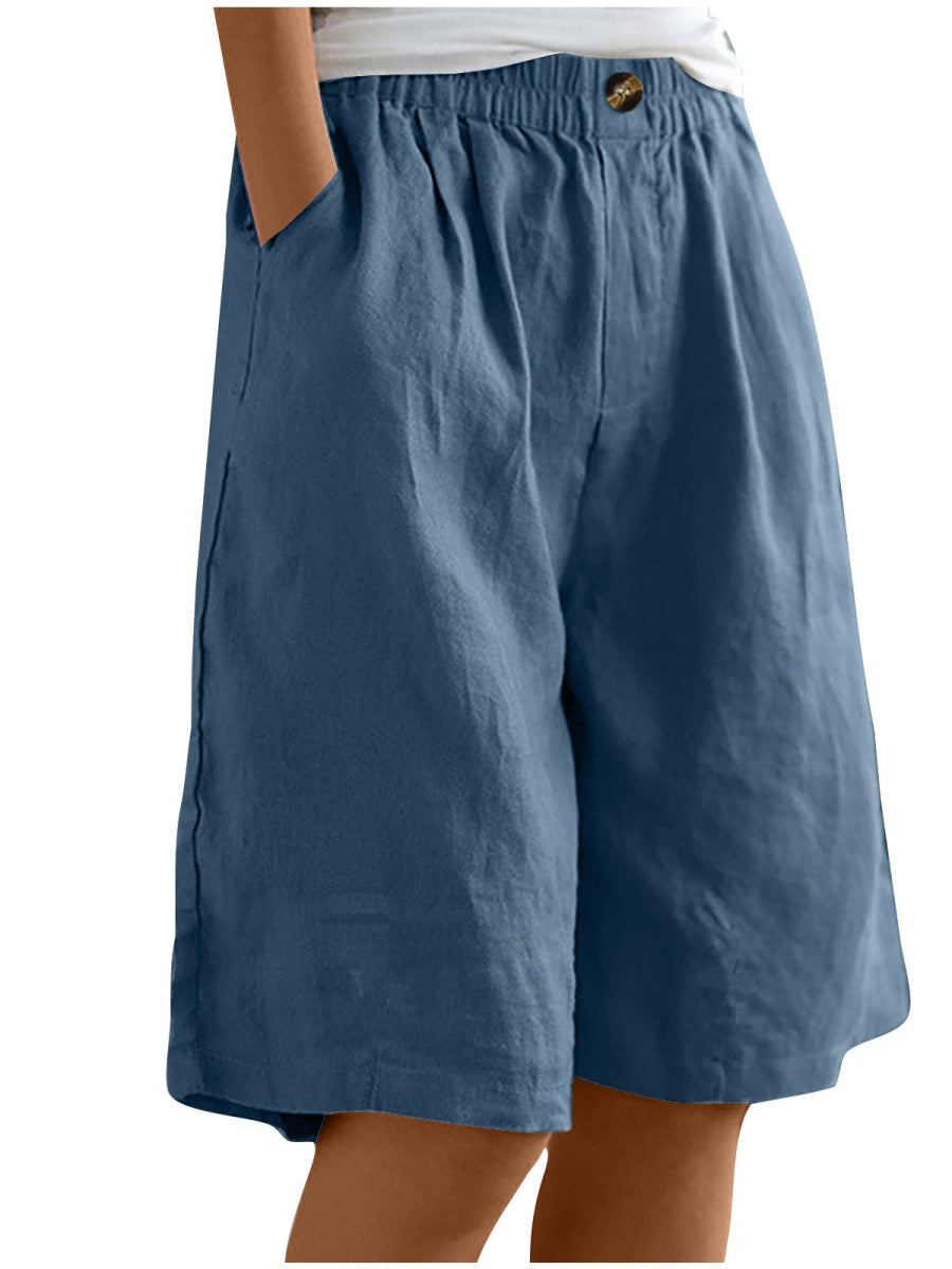 Button-down Cotton Linen Loose High-waisted Five-point Shorts